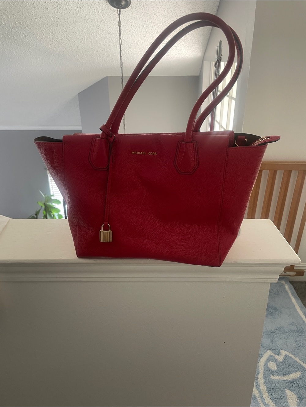 MICHAEL KORS Cherry Red Leather Tote with Gold Accent